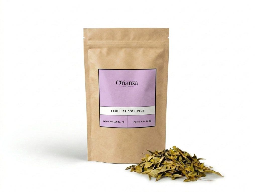 Sachet d'apothicaire en kraft de Feuilles d'Olivier Naturelles Orianza Selection, tisane santé cardiovasculaire avec quelques feuilles à côté.