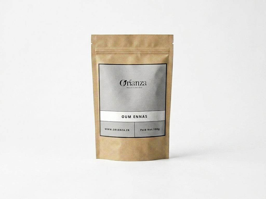 Sachet kraft de résine Oum Ennas (Gomme Ammoniaque) de la marque Orianza, emballage hermétique protégeant les actifs aromatiques.