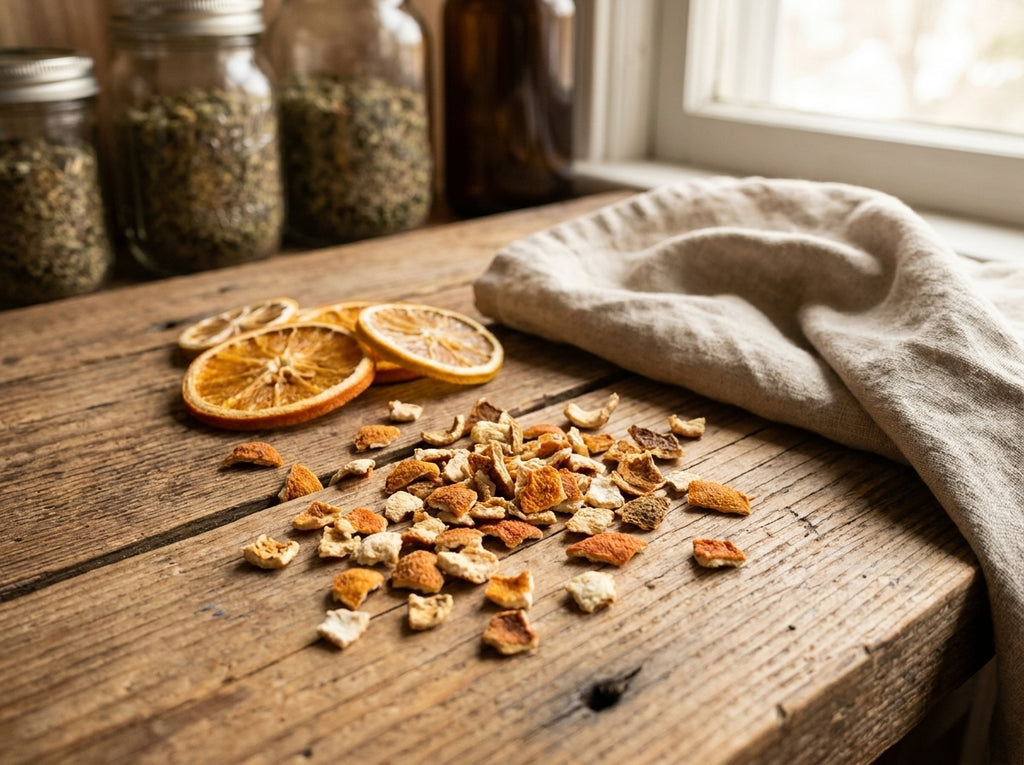 Gros plan herboriste sur les lanières d'écorces d'orange coupées et séchées, riches en huiles essentielles de limonène.