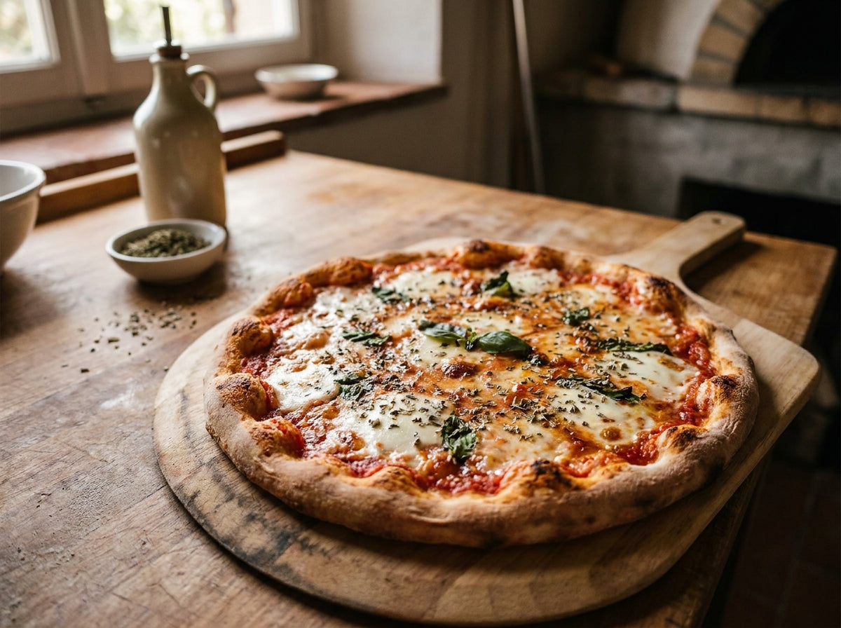 Saupoudrage de feuilles d'origan traditionnel sur une pizza italienne maison croustillante sortant du four.