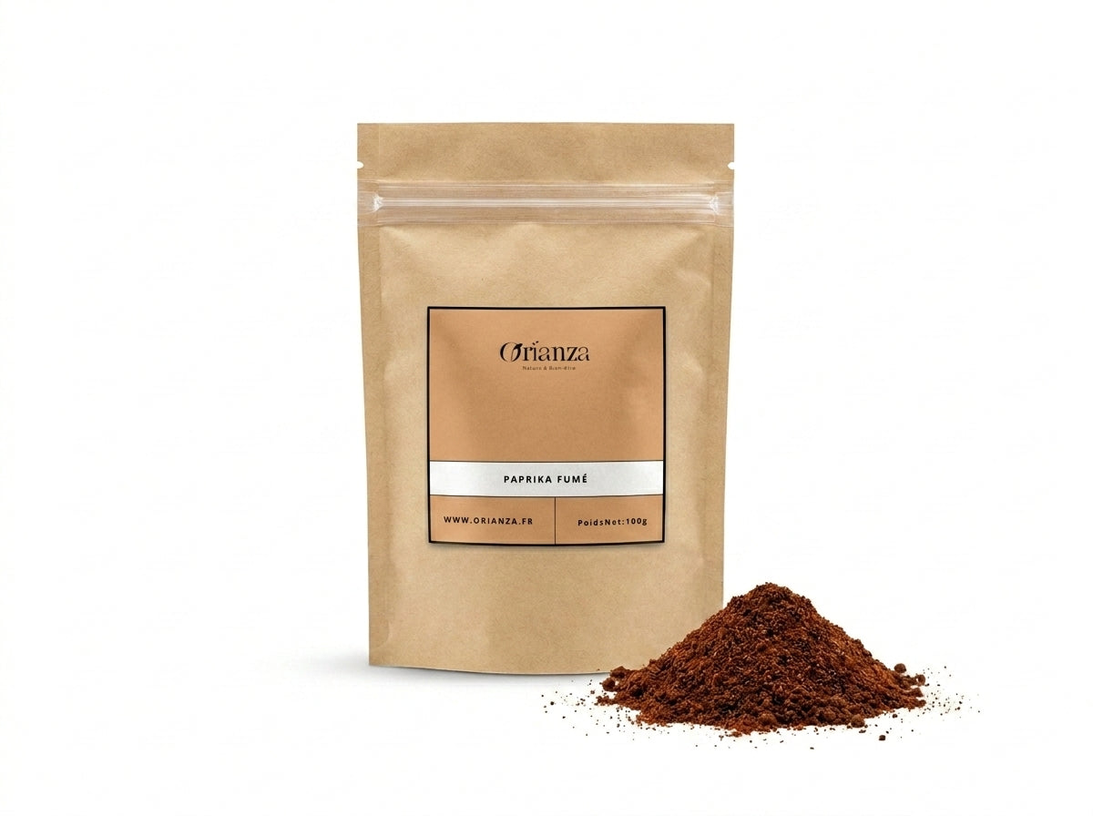 Sachet d'apothicaire de Paprika Fumé Orianza Selection, poudre rouge pourpre au parfum de bois de chêne.