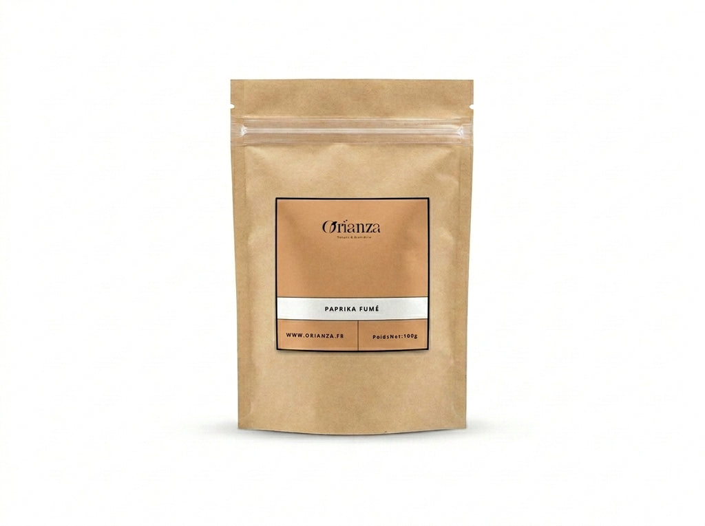 Sachet d'apothicaire de Paprika Fumé Orianza Selection, poudre rouge pourpre au parfum de bois de chêne.