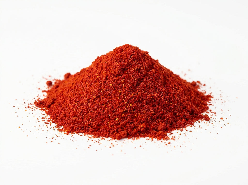 Gros plan herboriste sur la texture fine et fluide de la poudre de paprika doux, riche en pigments naturels.
