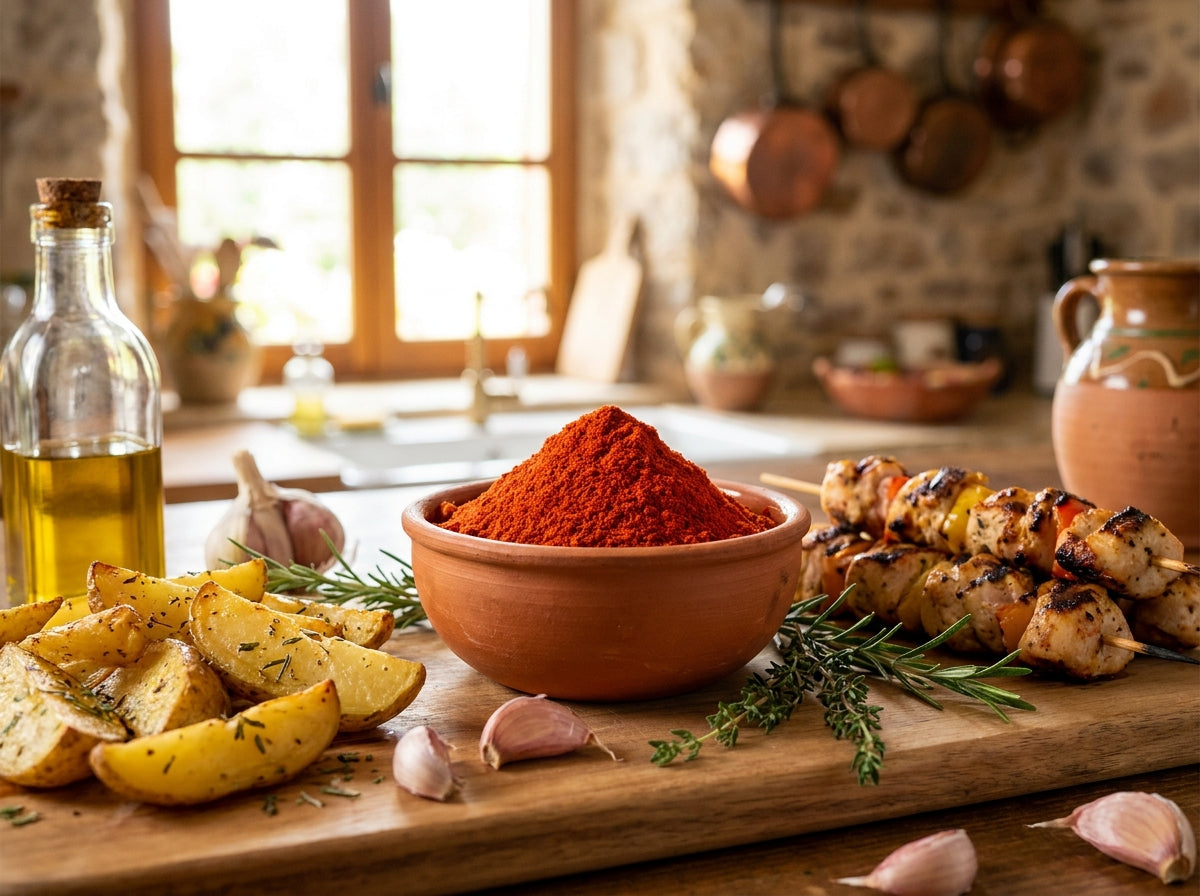 Plateau en bois avec des brochettes de poulet, pommes de terre et un bol de paprika doux Orianza