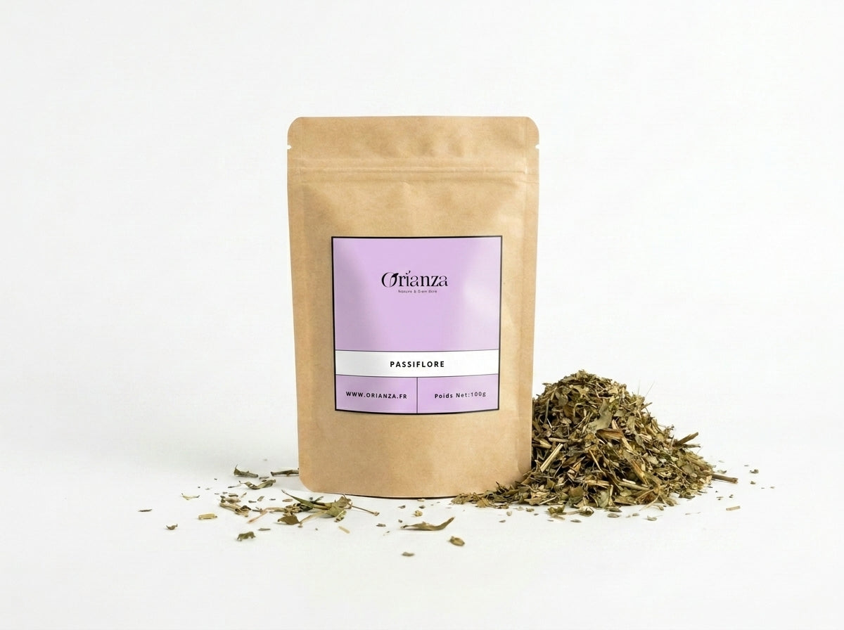 Sachet d'apothicaire en kraft de Passiflore Orianza Selection, plantes médicinales coupées pour infusion sommeil.