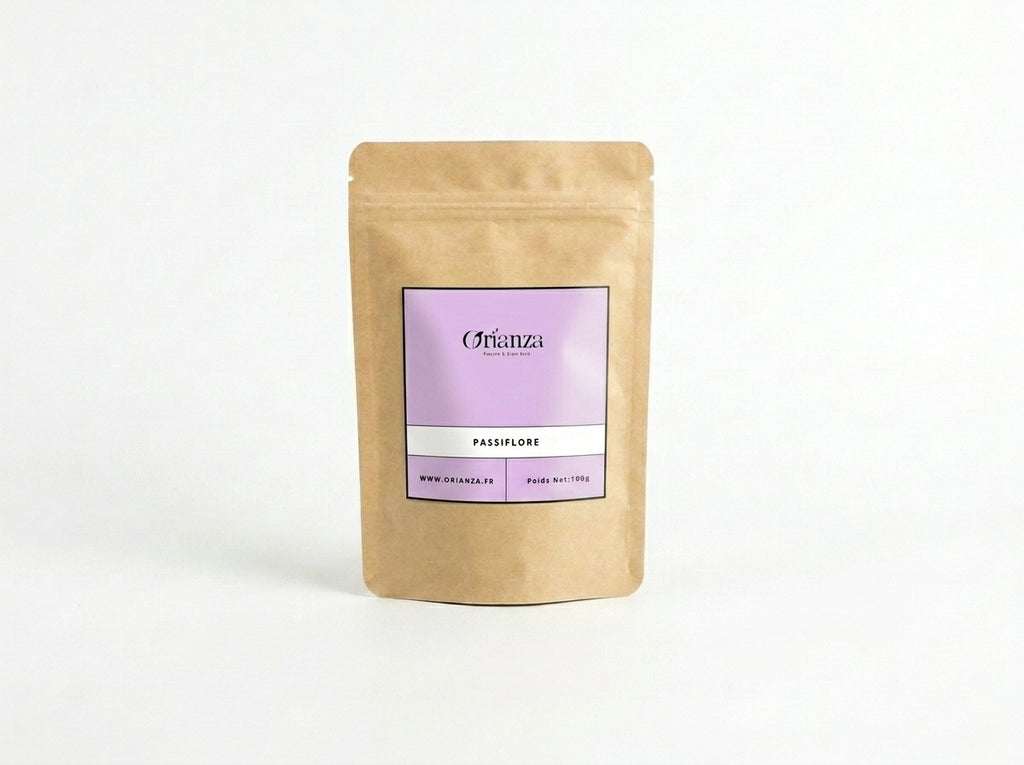 Sachet d'apothicaire en kraft de Passiflore Orianza Selection, plantes médicinales coupées pour infusion sommeil.
