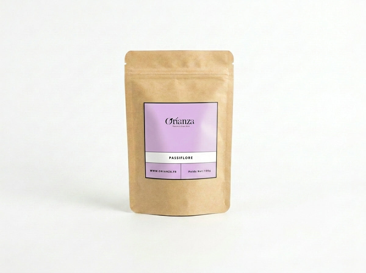 Sachet d'apothicaire en kraft de Passiflore Orianza Selection, plantes médicinales coupées pour infusion sommeil.