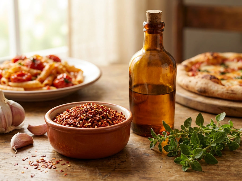 Assiette de pâtes savoureuses assaisonnées de flocons de piment rouge Orianza