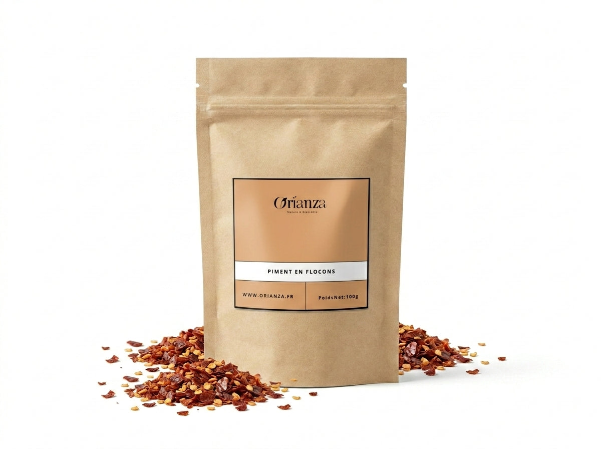 Sachet d'apothicaire de Piment en Flocons Orianza Selection, éclats concassés rouge profond pour assaisonnement.