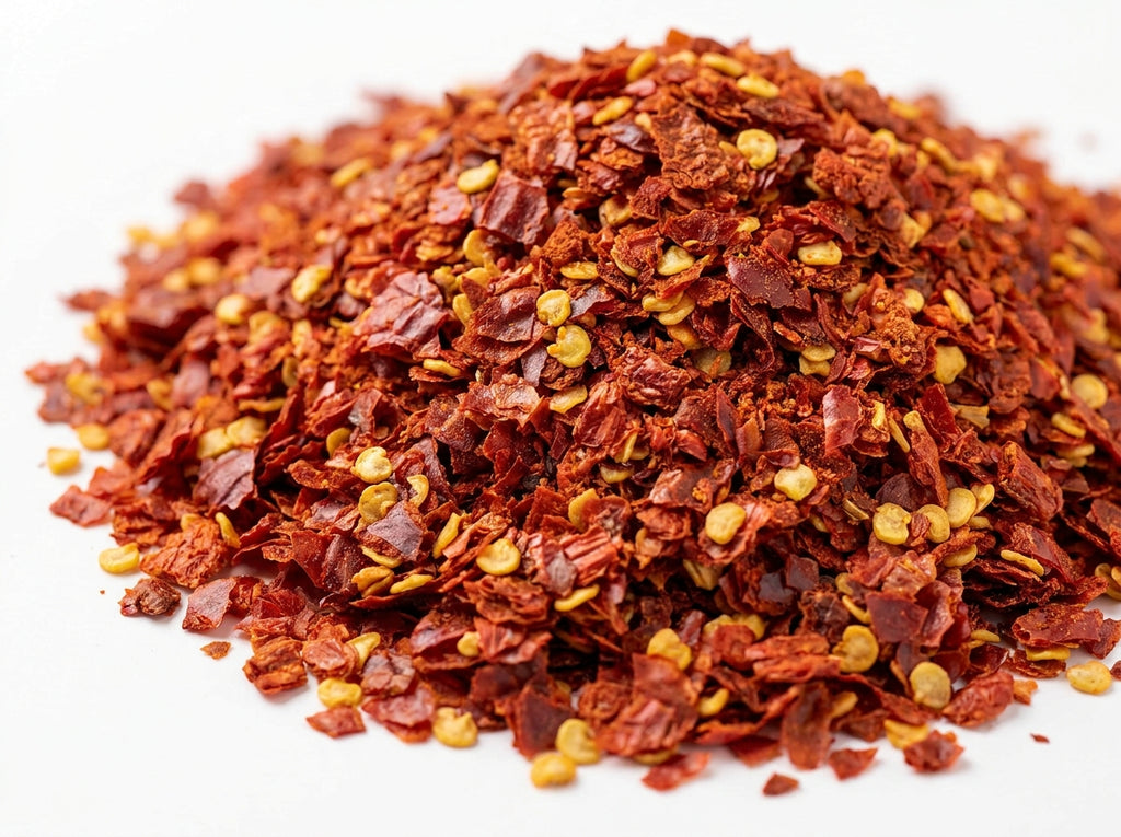 Gros plan herboriste sur les flocons de piment séchés et croquants, riches en arômes fumés naturels.