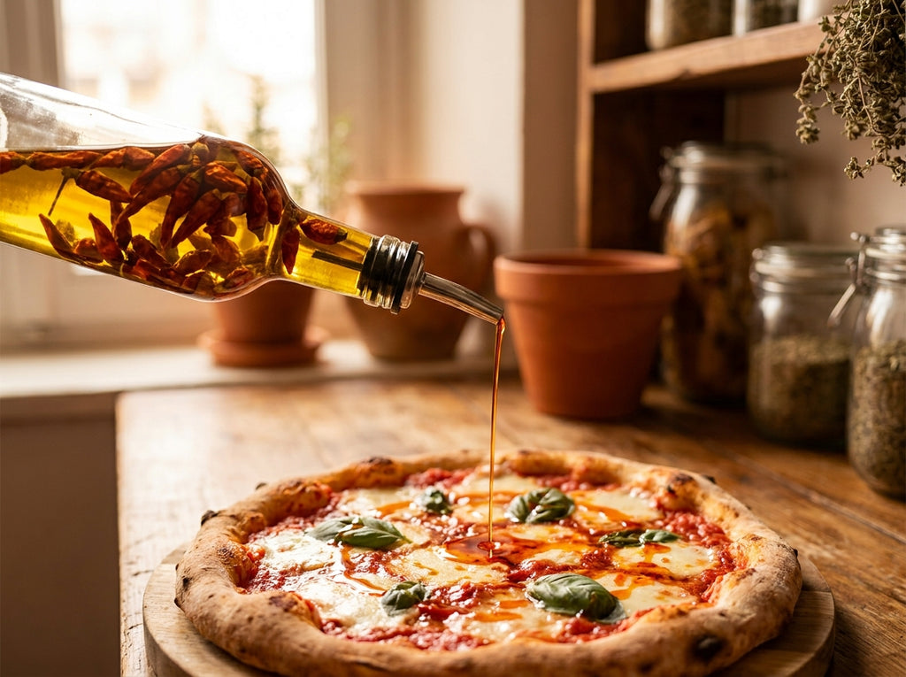 Préparation traditionnelle d'une huile piquante pour pizza maison avec macération de piments oiseaux rouges.
