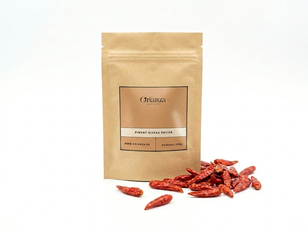 Sachet kraft de Piment Oiseau Entier Orianza Selection, petits piments rouges séchés naturellement pour huiles et sauces.
