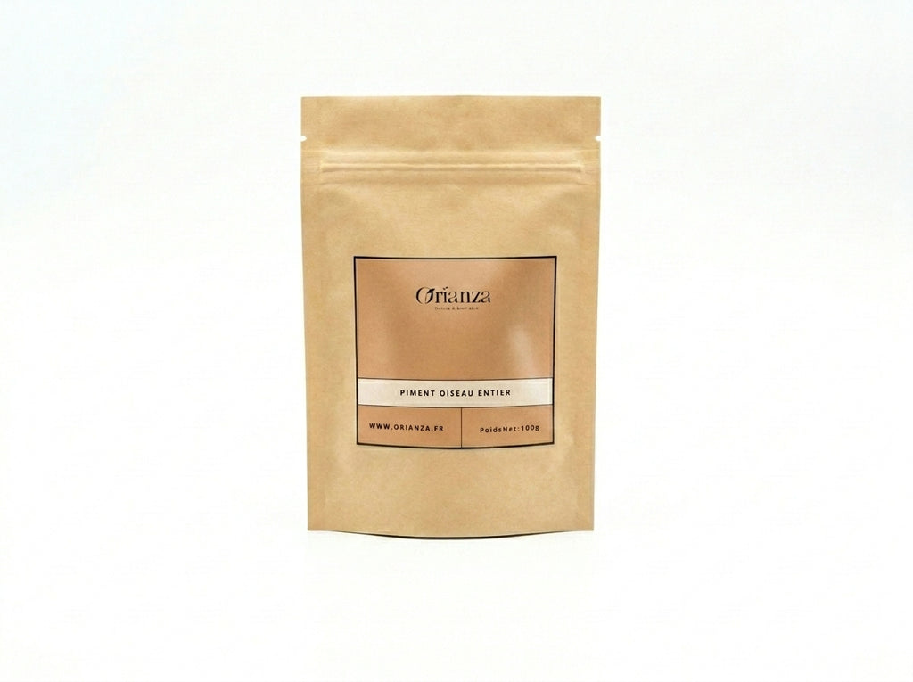 Sachet kraft de Piment Oiseau Entier Orianza Selection, petits piments rouges séchés naturellement pour huiles et sauces.