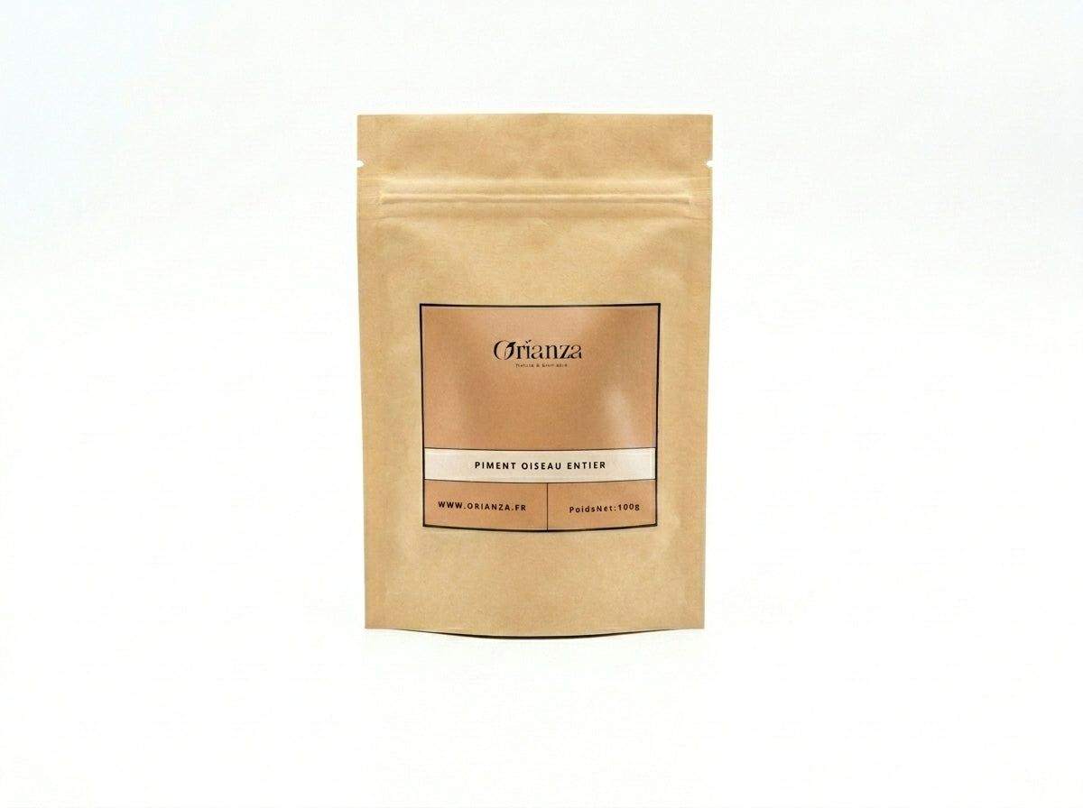 Sachet kraft de Piment Oiseau Entier Orianza Selection, petits piments rouges séchés naturellement pour huiles et sauces.