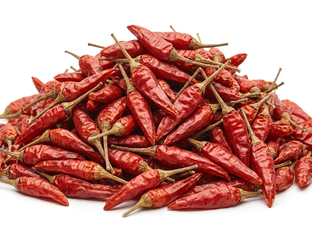 Gros plan herboriste sur les petits piments oiseaux entiers à la couleur rubis éclatante et au piquant volcanique.