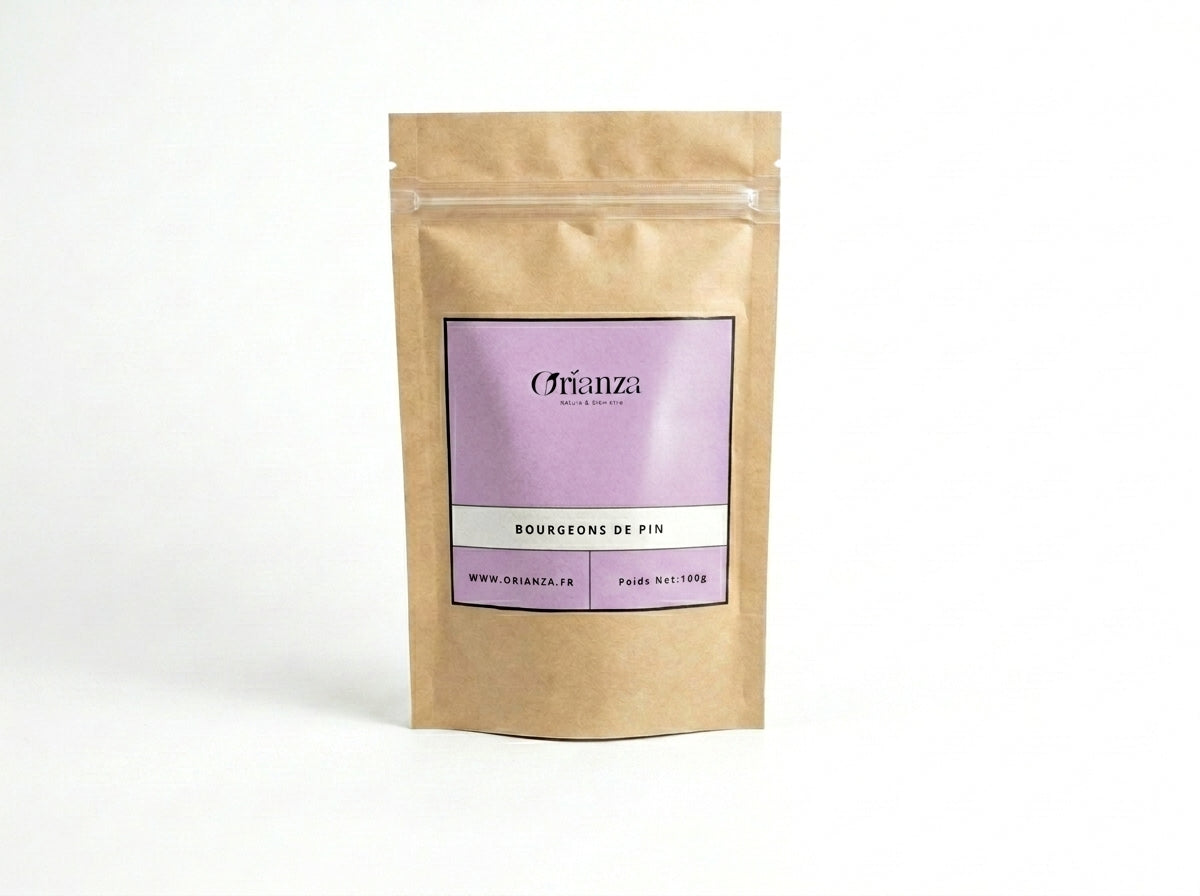 Sachet d'apothicaire en kraft de Bourgeons de Pin Sylvestre Orianza Selection, tisane pure hiver pour le confort respiratoire.