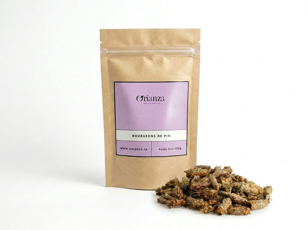 Sachet d'apothicaire en kraft de Bourgeons de Pin Sylvestre Orianza Selection, tisane pure hiver pour le confort respiratoire.