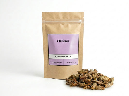 Sachet d'apothicaire en kraft de Bourgeons de Pin Sylvestre Orianza Selection, tisane pure hiver pour le confort respiratoire.