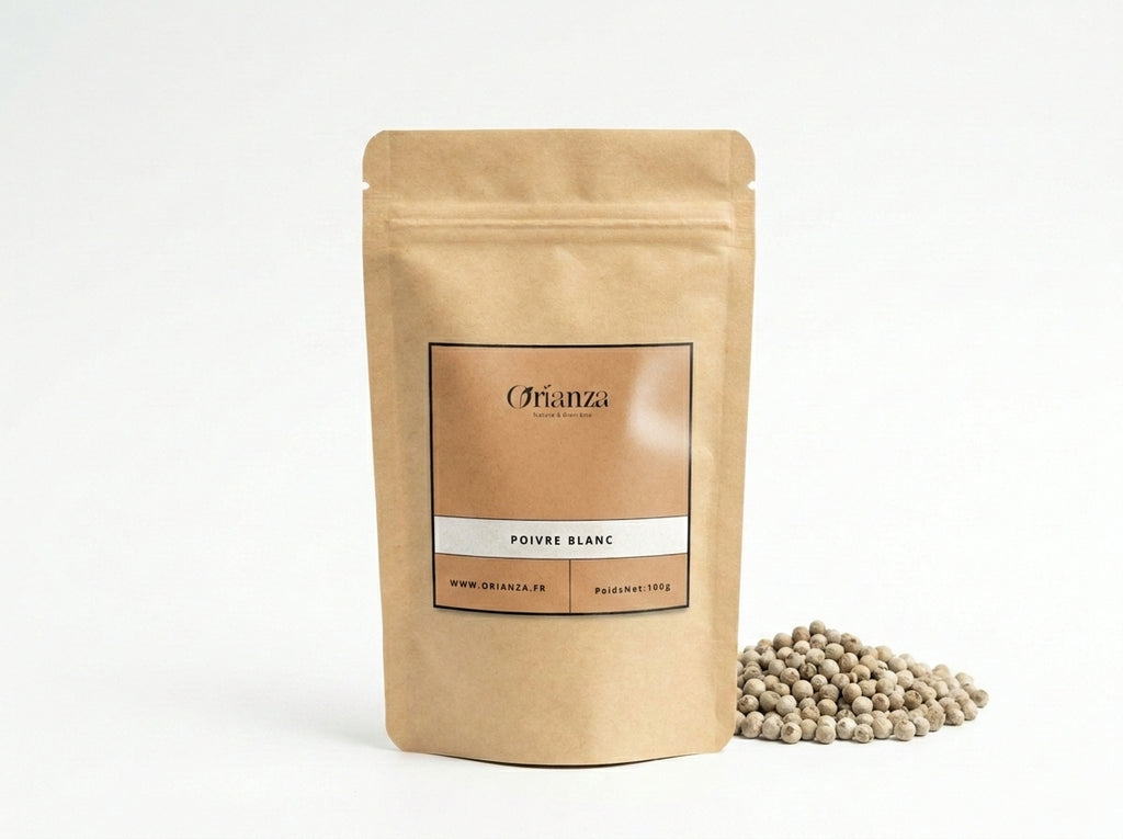 Sachet d'apothicaire en kraft de Poivre Blanc en Grains Orianza Selection, épice d'excellence culinaire.