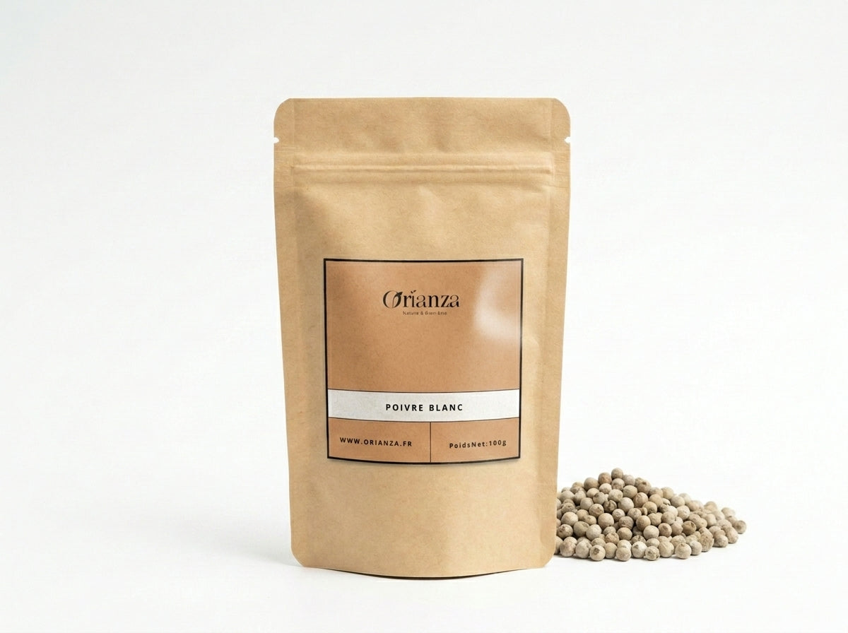 Sachet d'apothicaire en kraft de Poivre Blanc en Grains Orianza Selection, épice d'excellence culinaire.
