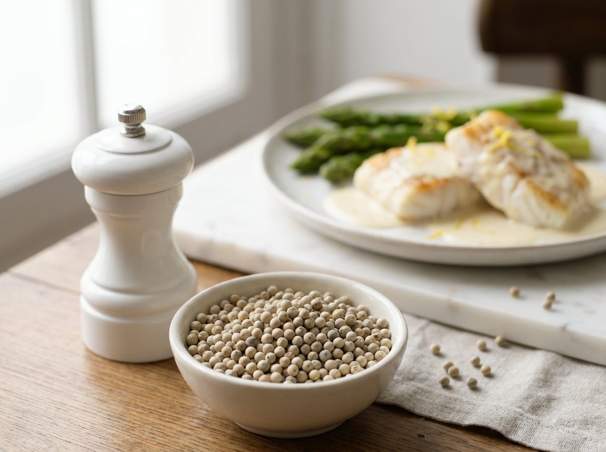 Plat de poisson savoureux avec un moulin à poivre blanc en grains Orianza