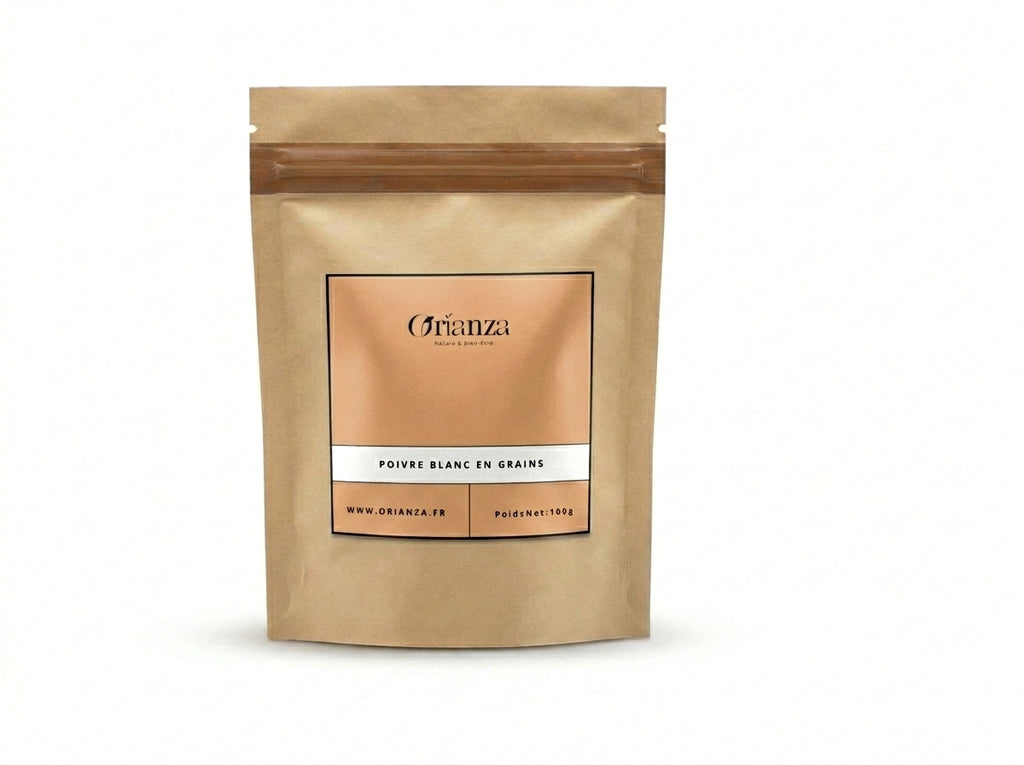 Sachet d'apothicaire de Poivre Blanc en Grains Orianza Selection, épice pure pour vitalité digestive.
