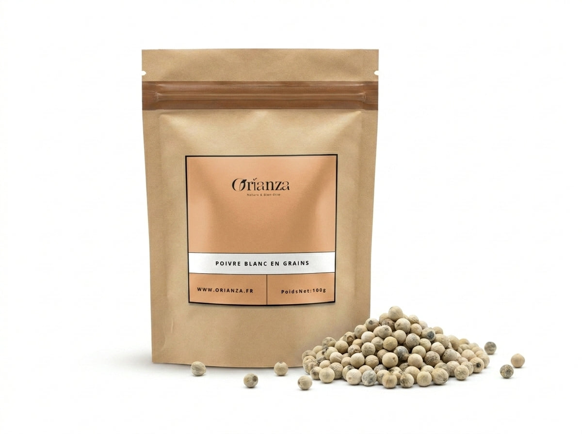 Sachet d'apothicaire de Poivre Blanc en Grains Orianza Selection, épice pure pour vitalité digestive.