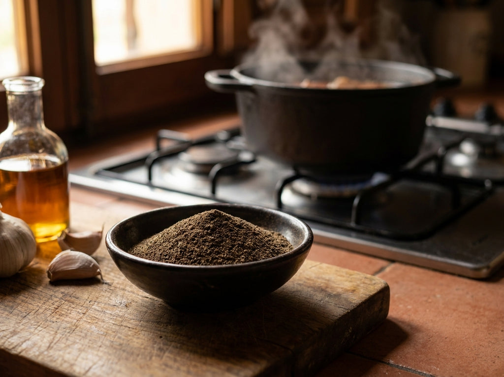 Poêlée de légumes colorés en cuisson sur le feu avec flacon de poivre noir moulu Orianza, ail et huile