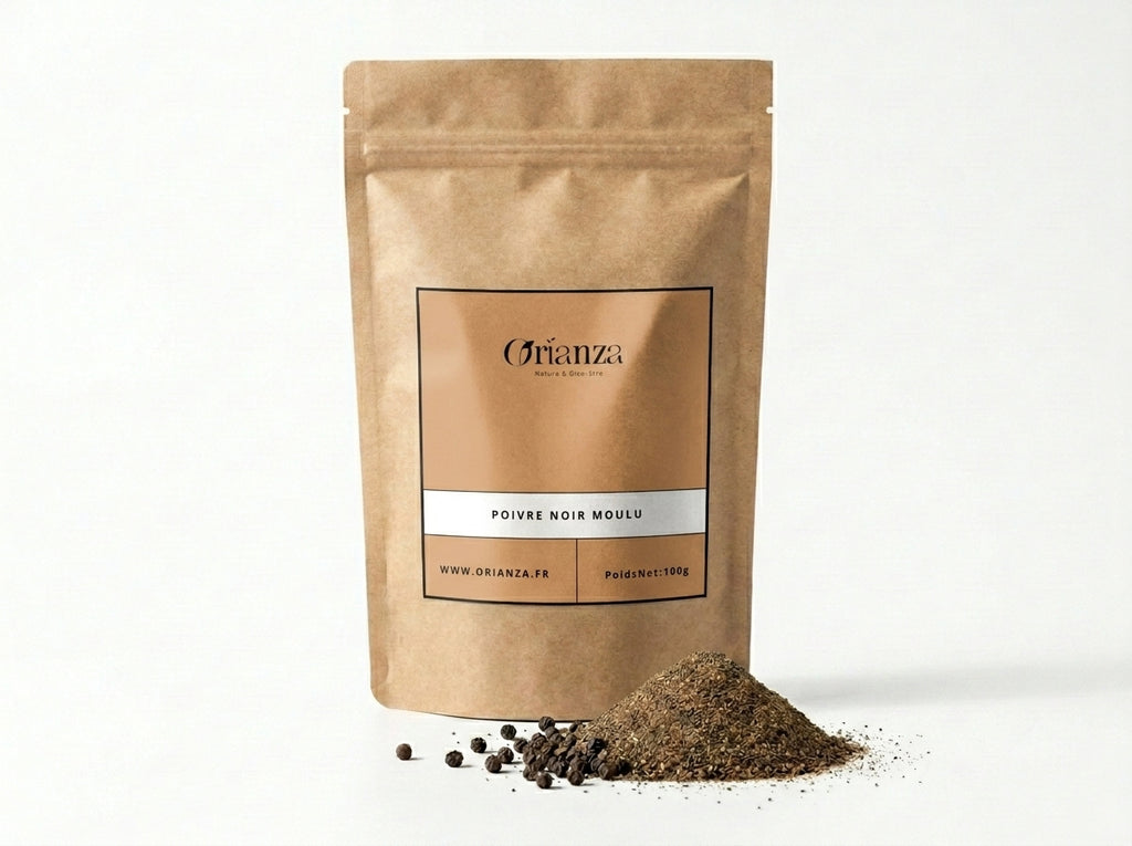 Sachet kraft de Poivre Noir Moulu Orianza Selection, poudre fine pure de qualité herboristerie supérieure.