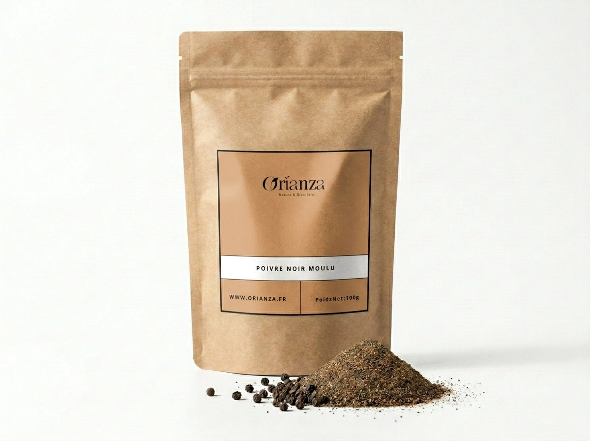 Sachet kraft de Poivre Noir Moulu Orianza Selection, poudre fine pure de qualité herboristerie supérieure.