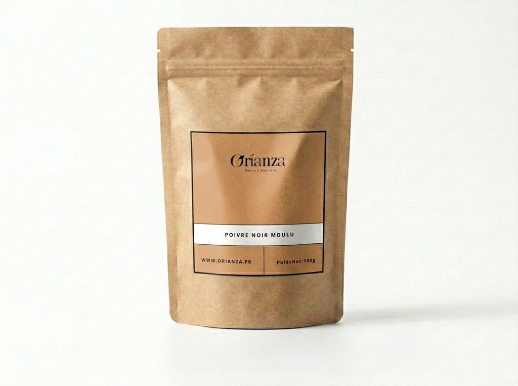 Sachet kraft de Poivre Noir Moulu Orianza Selection, poudre fine pure de qualité herboristerie supérieure.
