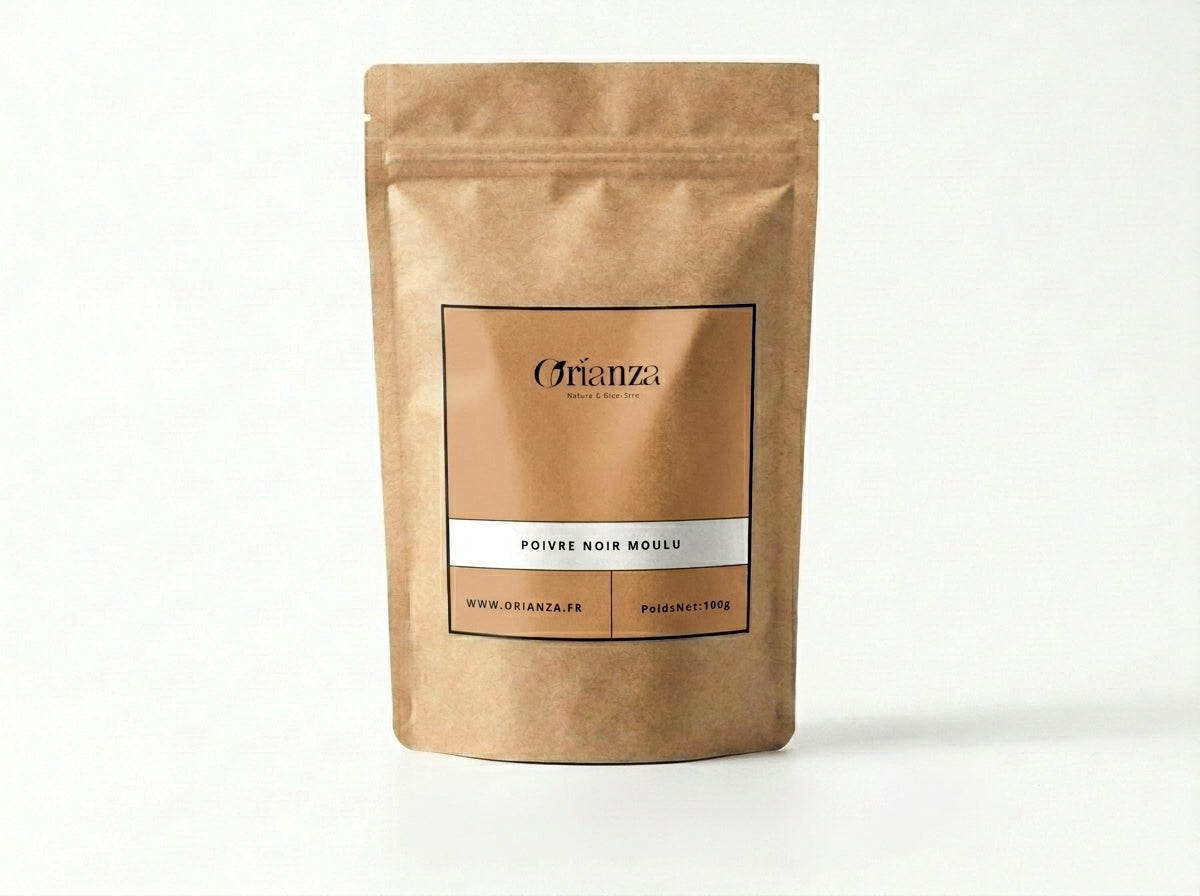 Sachet kraft de Poivre Noir Moulu Orianza Selection, poudre fine pure de qualité herboristerie supérieure.