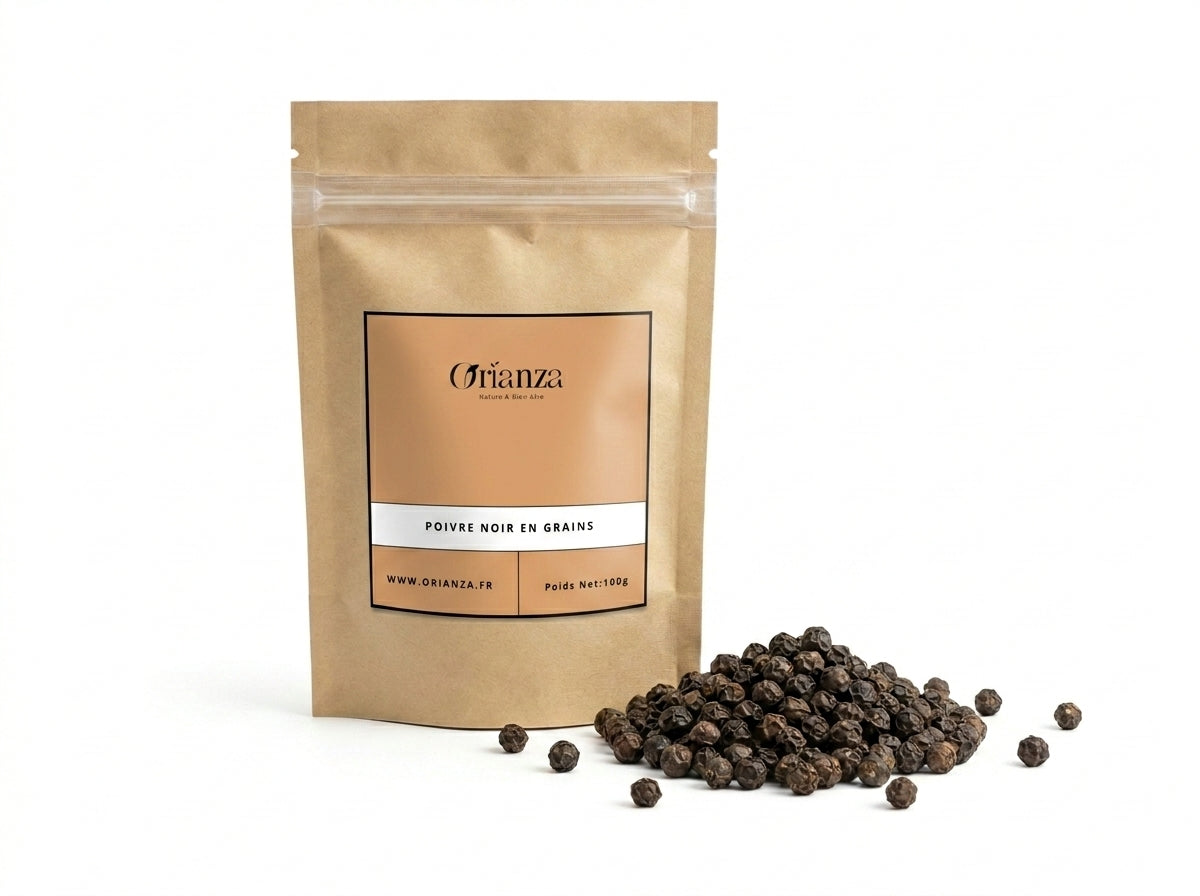 Sachet d'apothicaire en kraft de Poivre Noir en Grains Orianza Selection, baies entières pures tonifiantes.