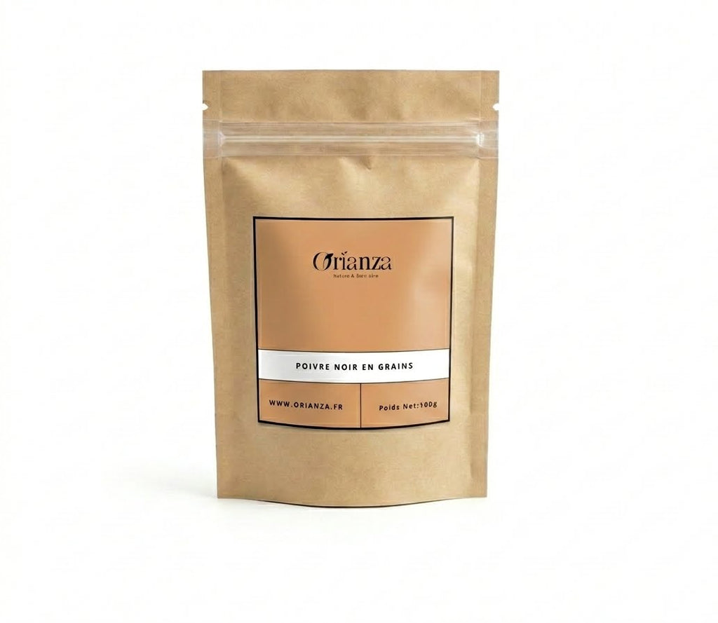 Sachet d'apothicaire en kraft de Poivre Noir en Grains Orianza Selection, baies entières pures tonifiantes.

