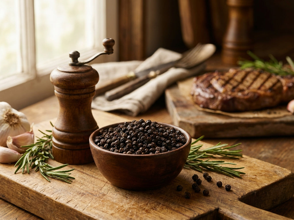 Steak de viande grillé et doré assaisonné de poivre noir en grains Orianza
