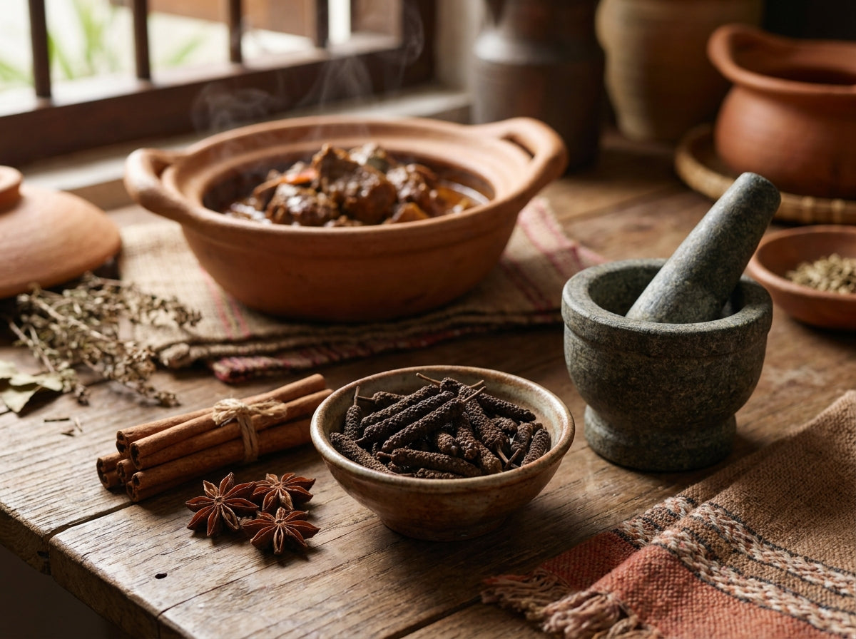 Plat en argile de ragoût de viande savoureux entouré d'un assortiment d'épices Orianza