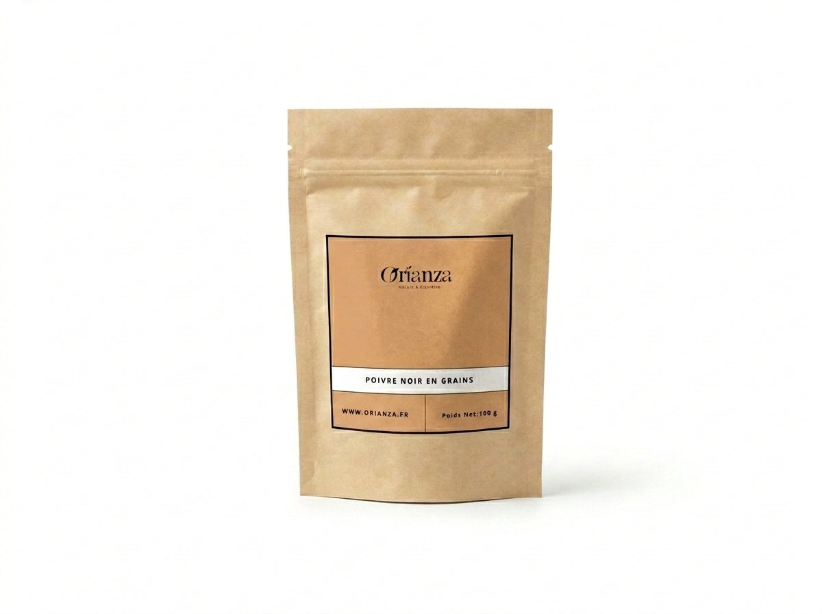 Sachet d'apothicaire en kraft de Poivre Noir Long Orianza Selection, chatons entiers de poivre rare.