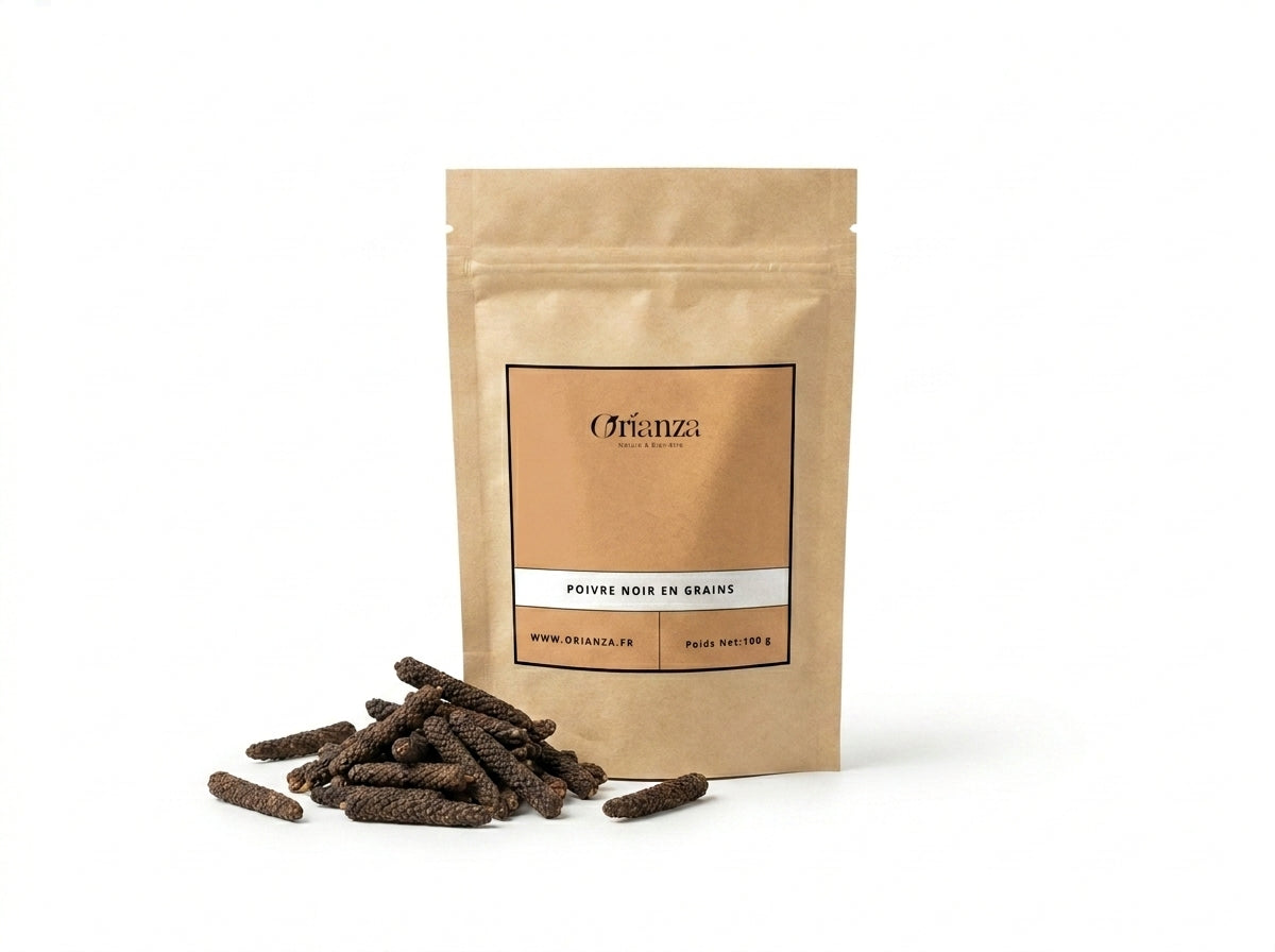Sachet d'apothicaire en kraft de Poivre Noir Long Orianza Selection, chatons entiers de poivre rare.