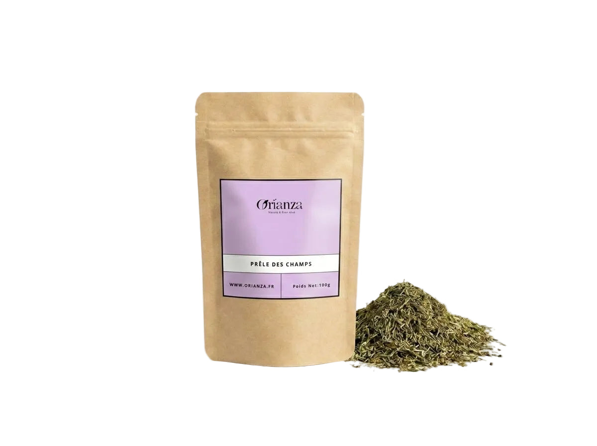 Sachet d'apothicaire en kraft de Prêle des Champs Orianza Selection, plantes pures riches en silice pour la reminéralisation.