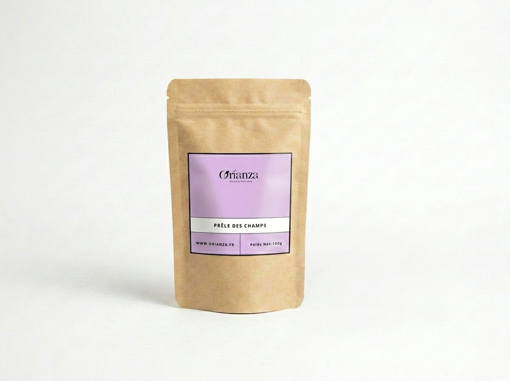 Sachet d'apothicaire en kraft de Prêle des Champs Orianza Selection, plantes pures riches en silice pour la reminéralisation.