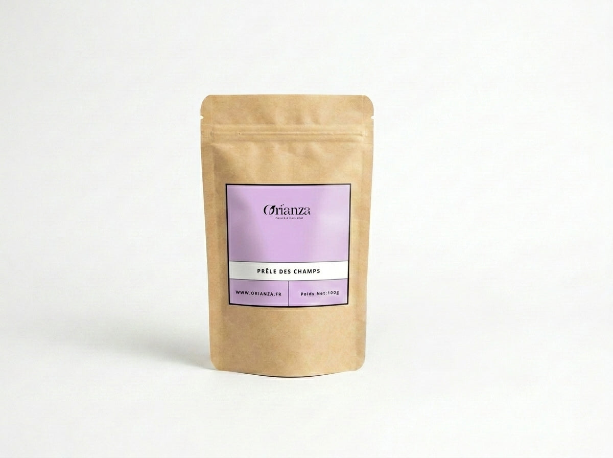 Sachet d'apothicaire en kraft de Prêle des Champs Orianza Selection, plantes pures riches en silice pour la reminéralisation.