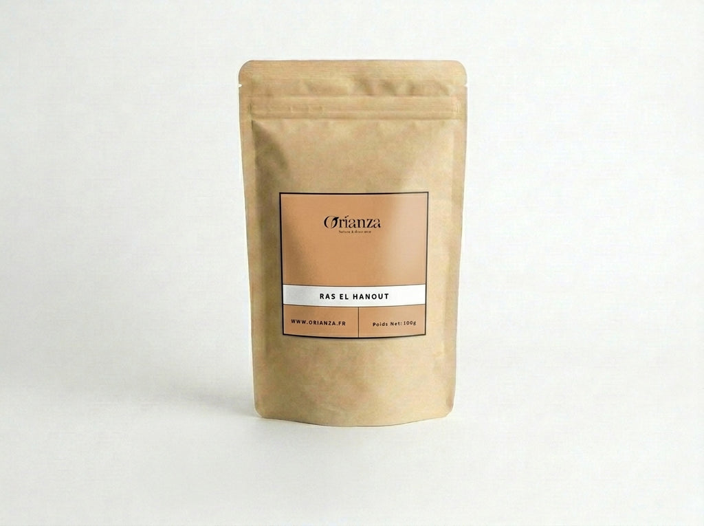 Sachet d'apothicaire en kraft de Ras El Hanout Authentique Orianza Selection, mélange royal marocain pour couscous.