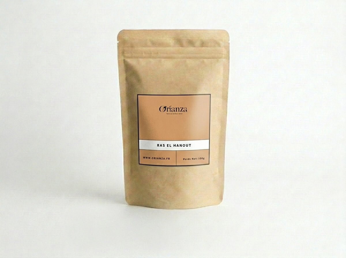 Sachet d'apothicaire en kraft de Ras El Hanout Authentique Orianza Selection, mélange royal marocain pour couscous.