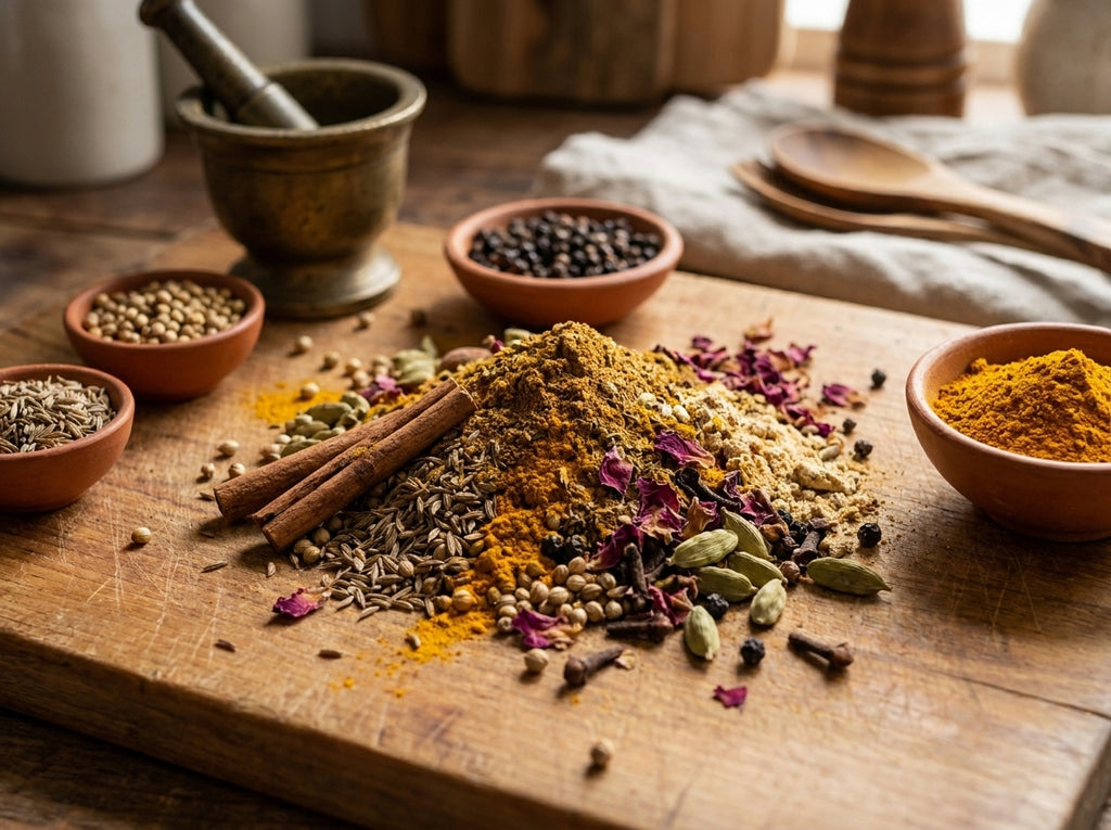 Gros plan sur la texture riche et les couleurs chaudes du mélange artisanal Ras El Hanout de qualité supérieure.