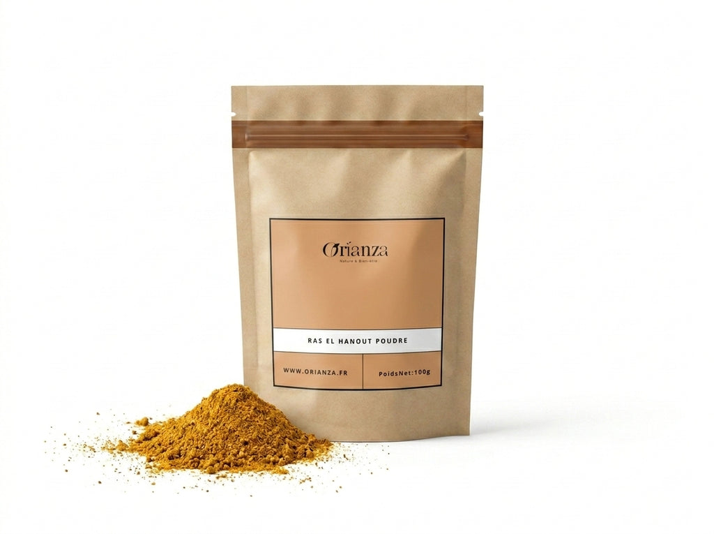 Sachet d'épices Ras el Hanout Orianza Selection, poudre ambrée du mélange traditionnel de la cuisine maghrébine.
