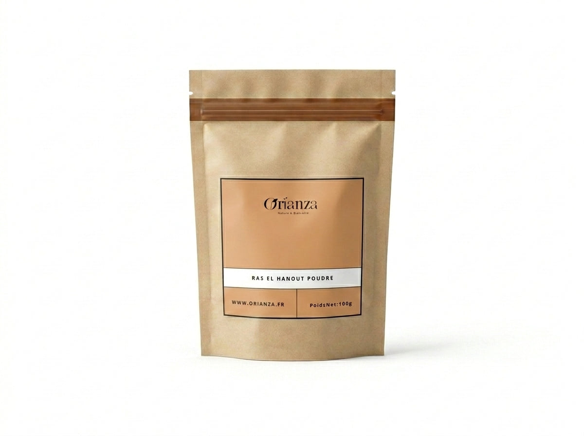 Sachet d'épices Ras el Hanout Orianza Selection, poudre ambrée du mélange traditionnel de la cuisine maghrébine.