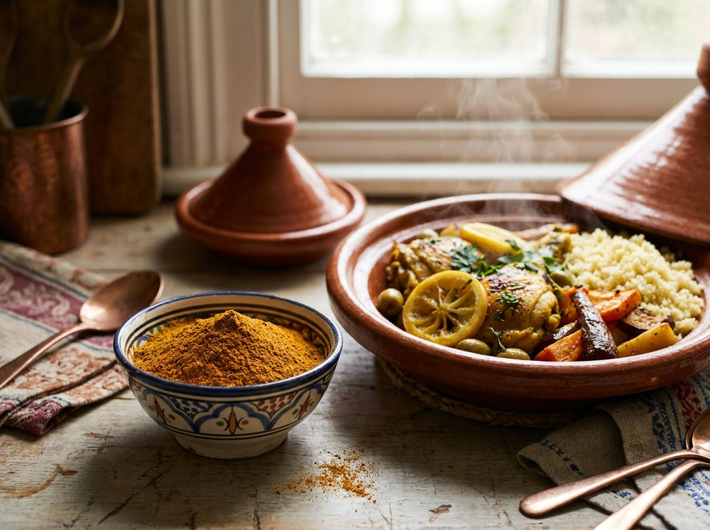 Graines de couscous dorées et légumes parfumés, décorés d'une pincée de ras el hanout d'Orianza.