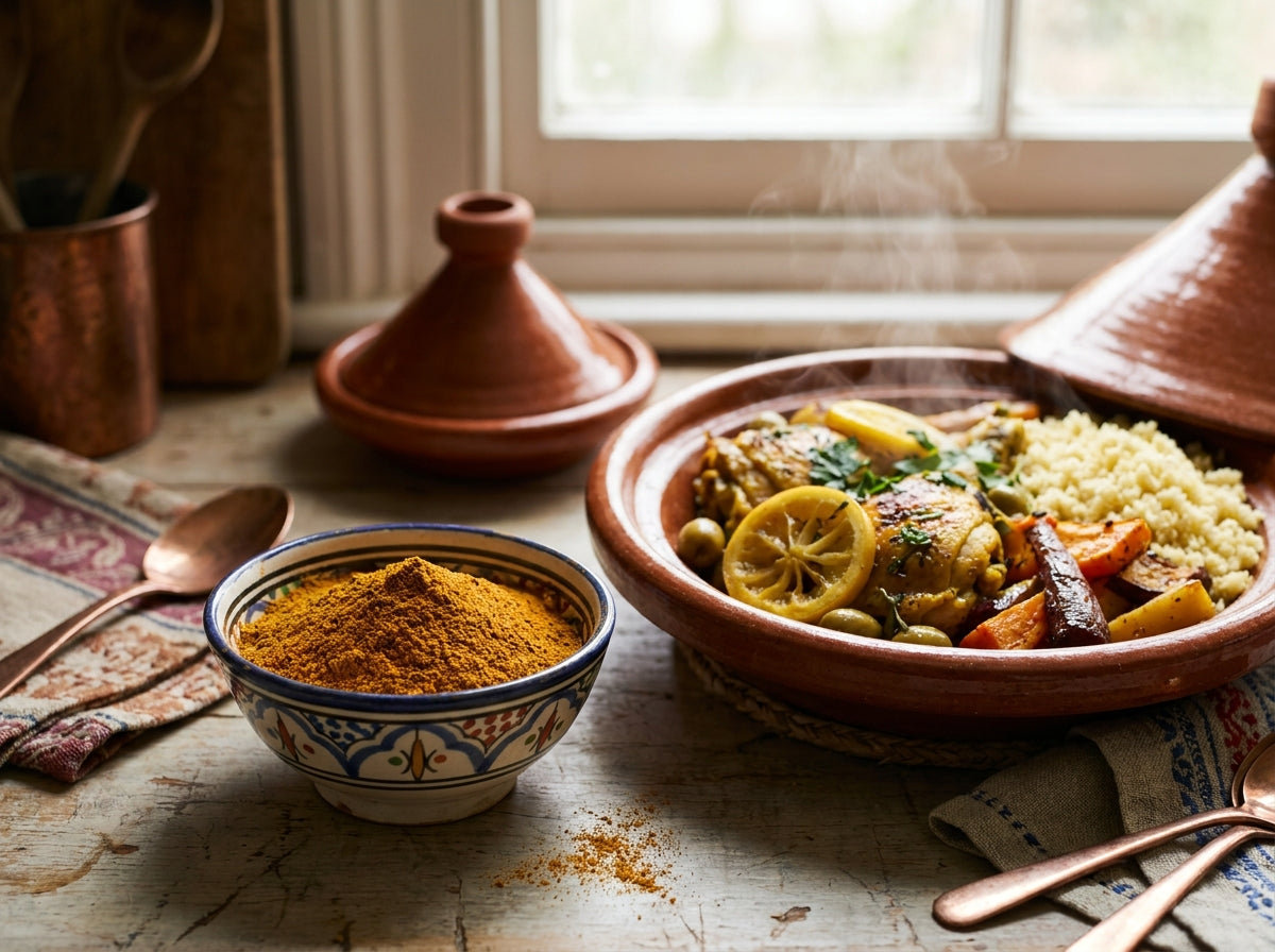 Graines de couscous dorées et légumes parfumés, décorés d'une pincée de ras el hanout d'Orianza.