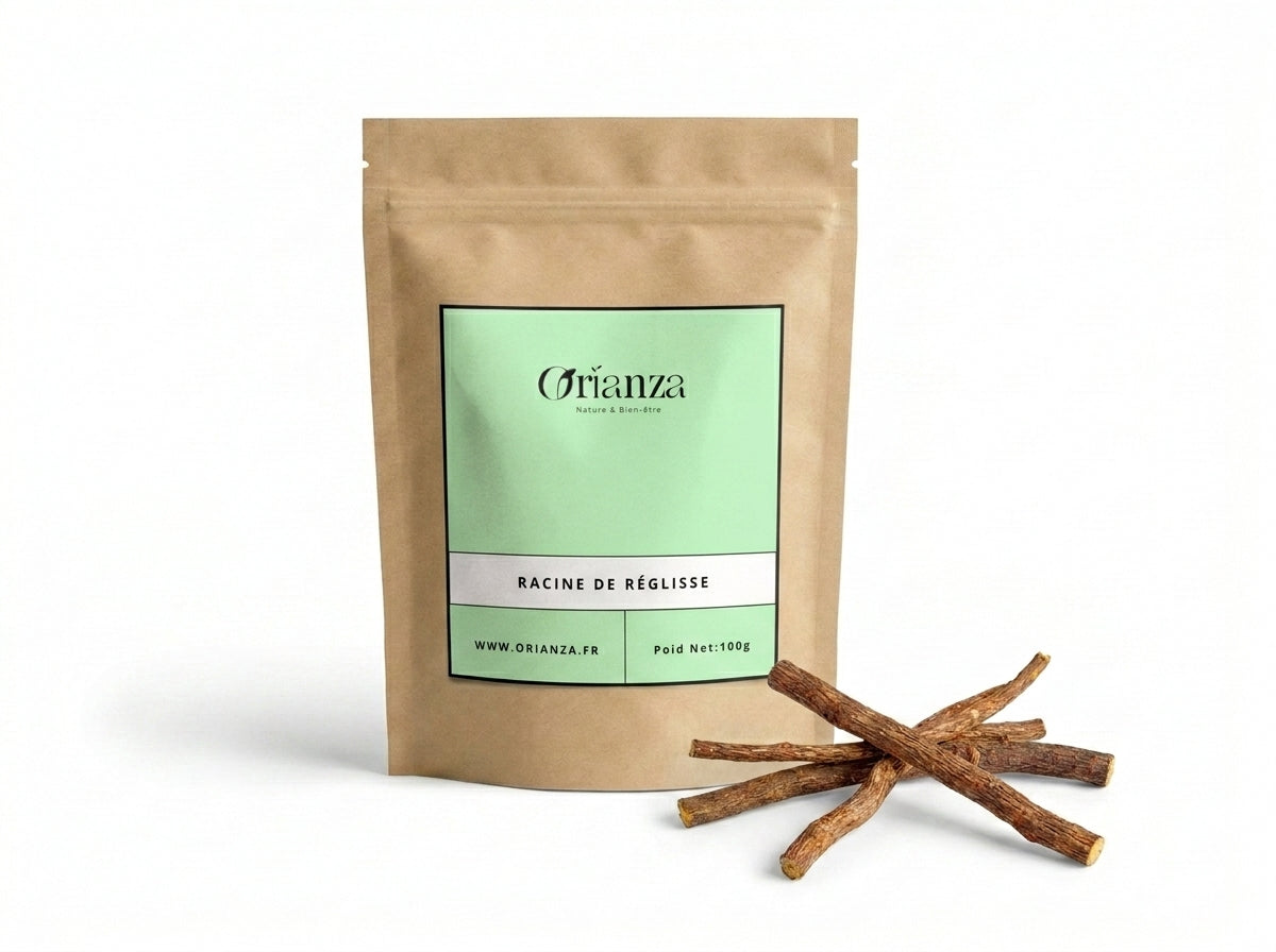 Sachet d'apothicaire en kraft de Racine de Réglisse Orianza Selection, bâtons de réglisse pure pour le teint avec quelques morceaux à côté.