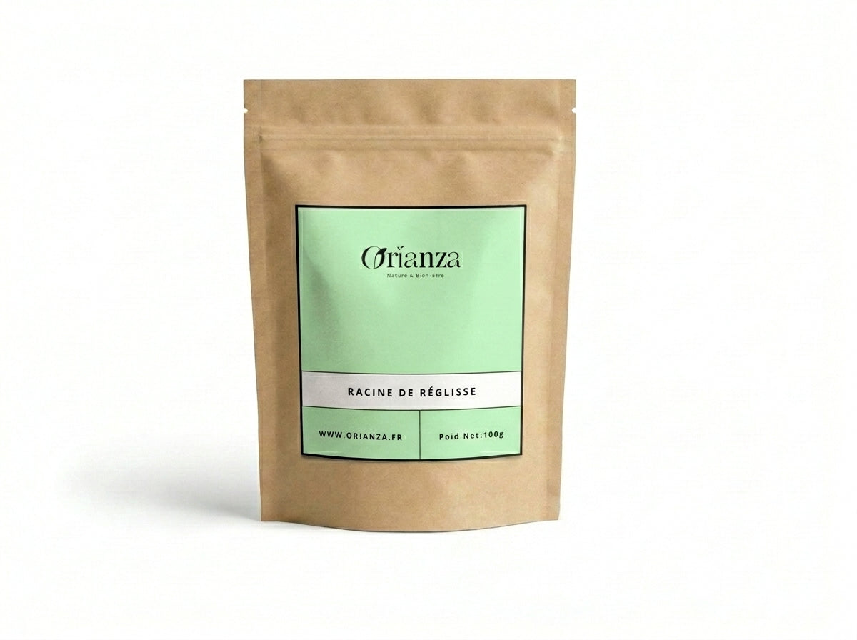 Sachet kraft de Racine de Réglisse Naturelle de la marque Orianza, emballage étanche haute protection préservant les antioxydants.